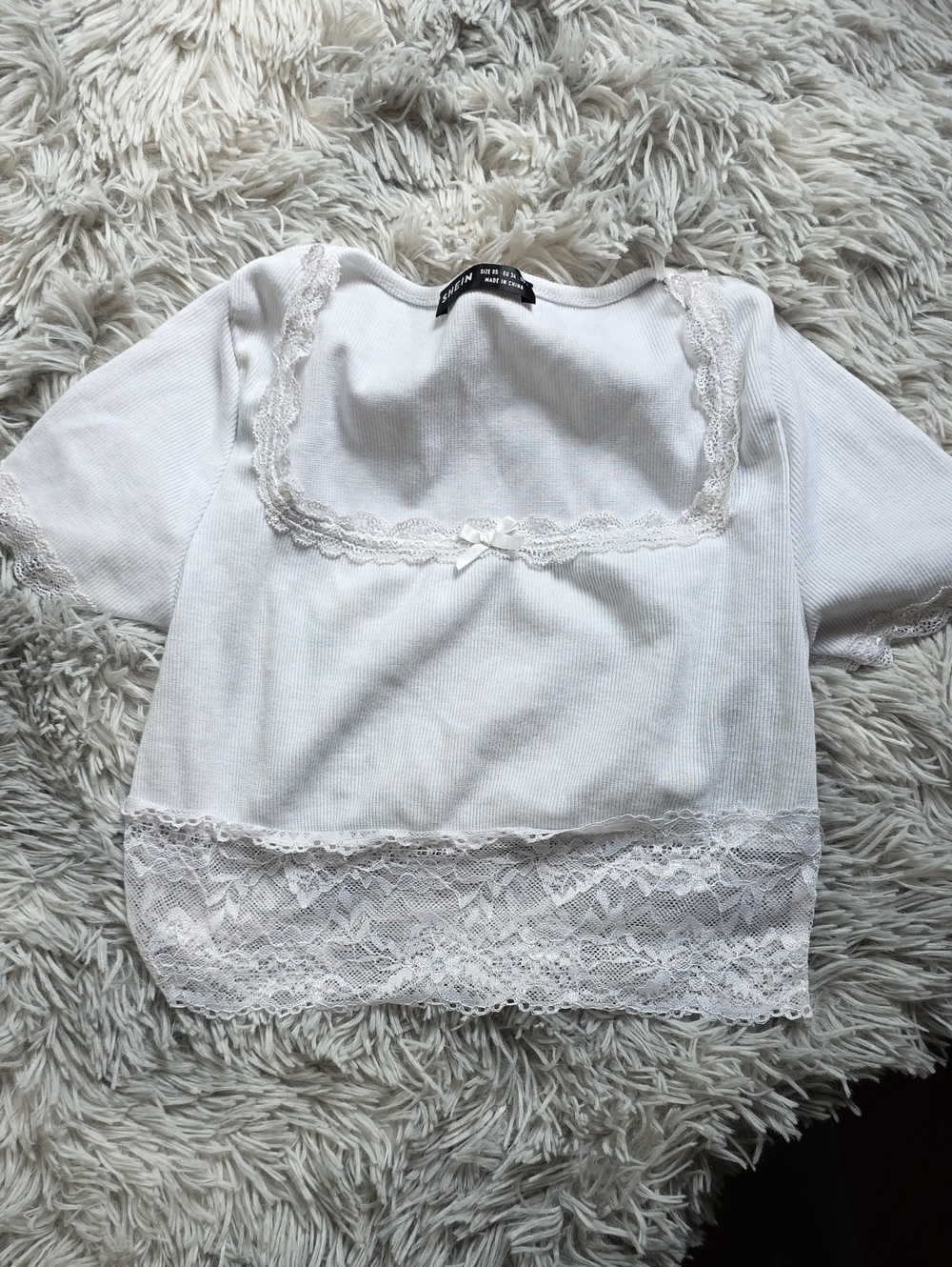 SHEIN White Lace-Trim Short Sleeve Girls' Tee